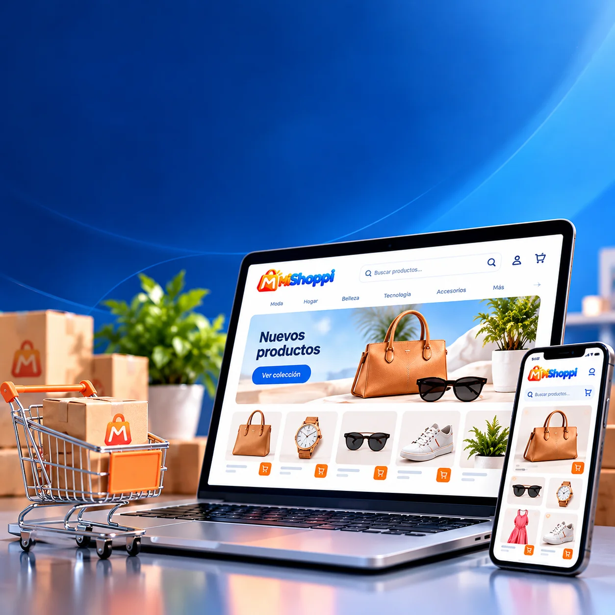 Tienda online presentada en computadora y celular.